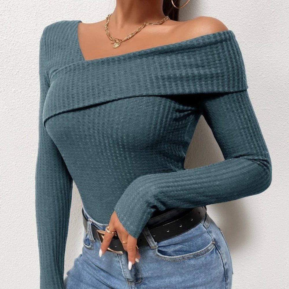 Teal Blue Asymmetrical Neck Waffle Knit Tee minimalist Bodysuit - Picture 5 of 5